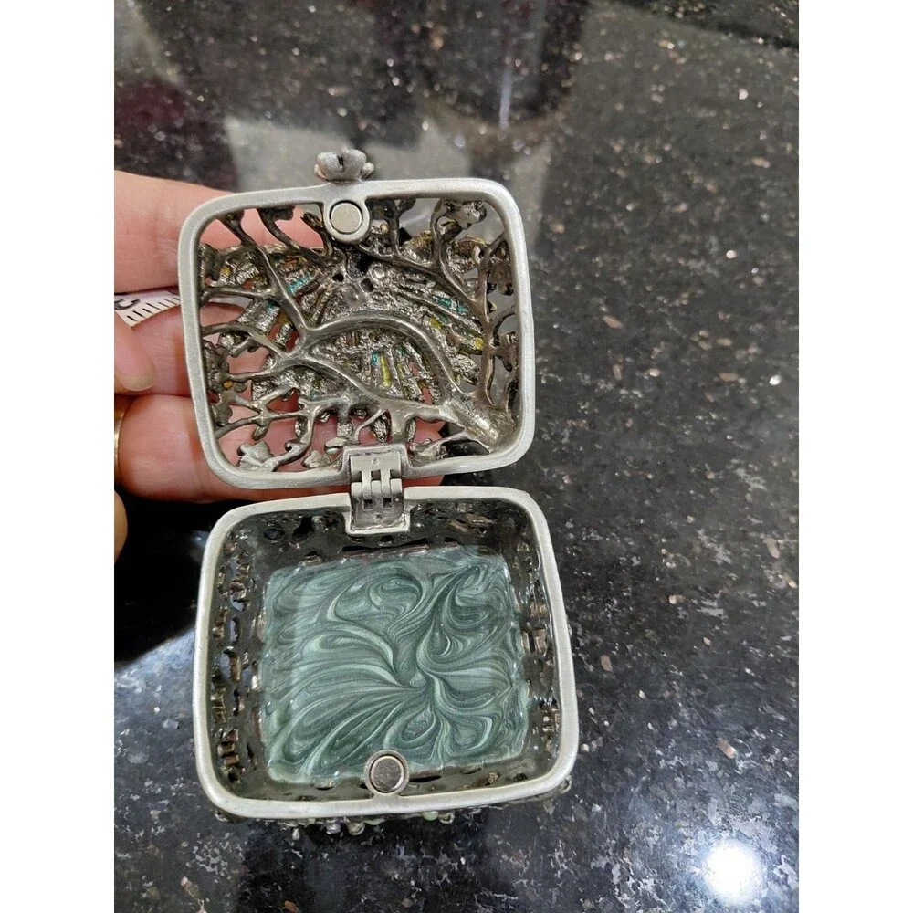 Vtg Enameled Peacock Colorful Rhinestones Trinket Ring Box Flowers